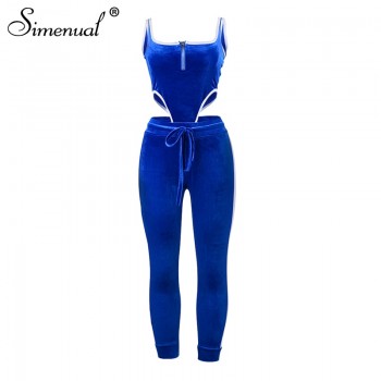 Simenual Velvet Sexy V Neck Women Matching Set Fashion 2019 Sleeveless Athleisure Two Piece Outfits Hot Bodysuit And Pants Sets